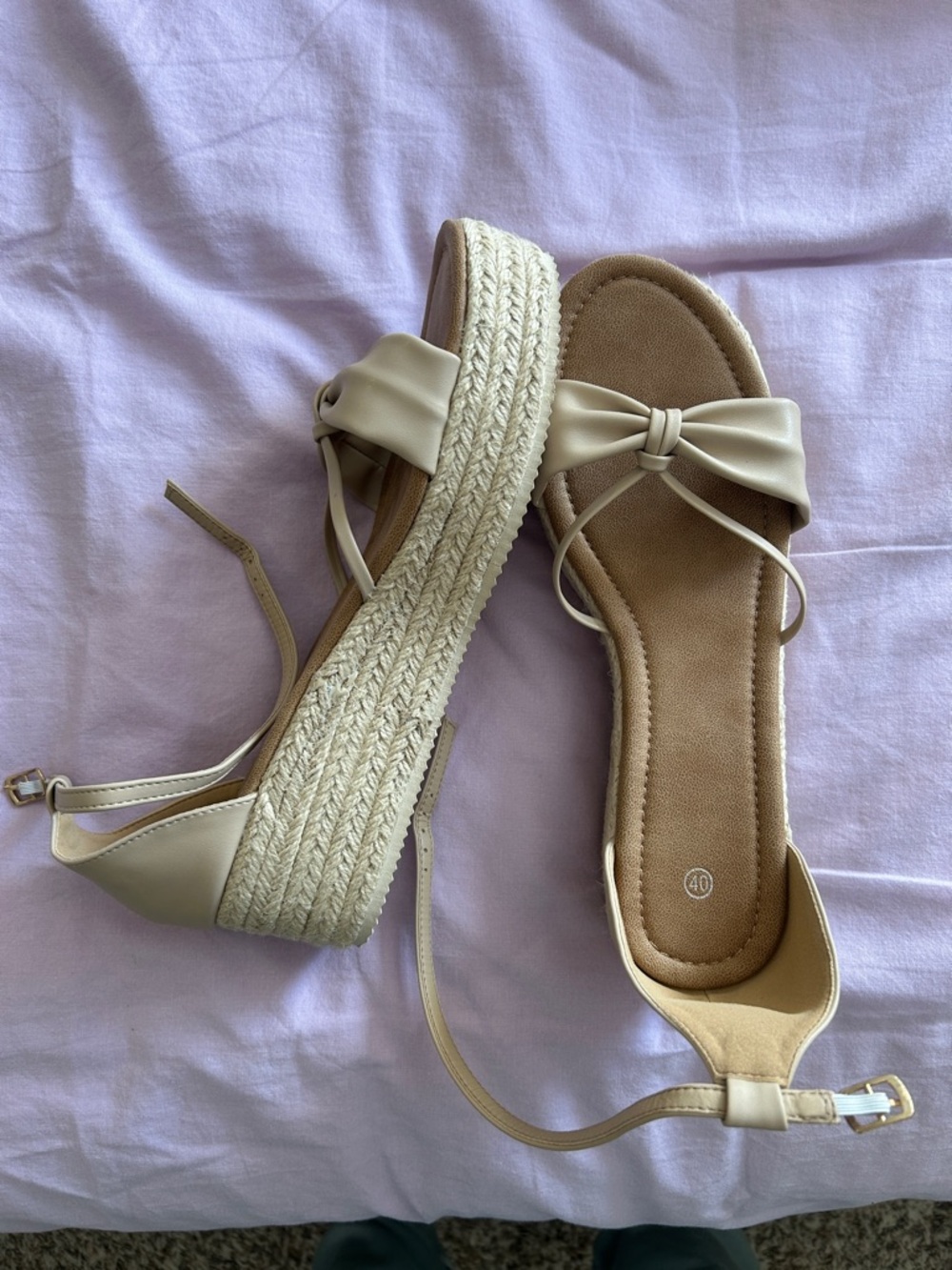 Womens Beige Espadrille Platform Sandals with Bow Accent